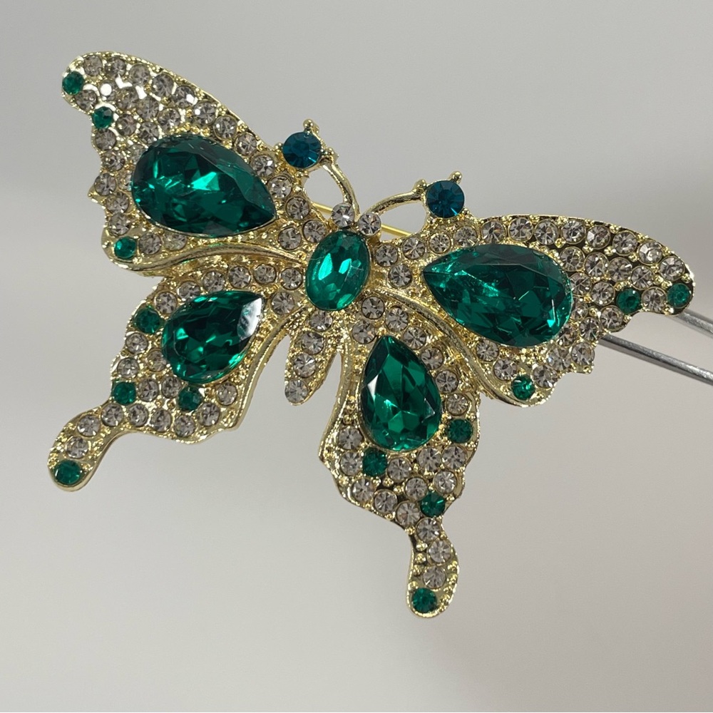 Gold Tone Green Rhinestone Butterfly Brooch Pin Vintage Look Boho Statement